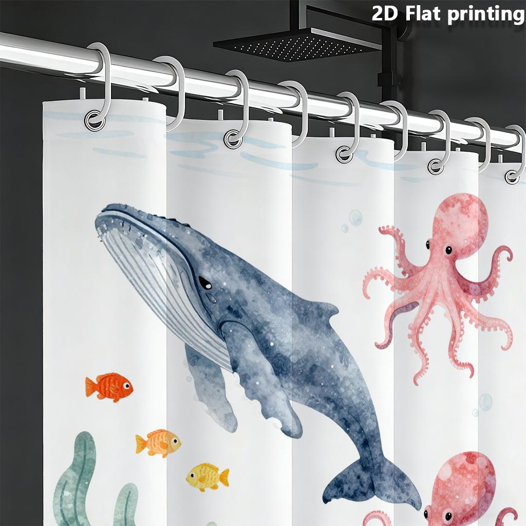 Underwater Ocean Animals Whale Octopus Fish Shower Curtain Machine Washable All Season Waterproof Privacy Protection 12 Hooks