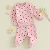 Baby Girls 2-piece Outfit, Heart Print Long Sleeve Crew Neck Sweatshirt with Elastic Waist Sweatpants Fall Clothes