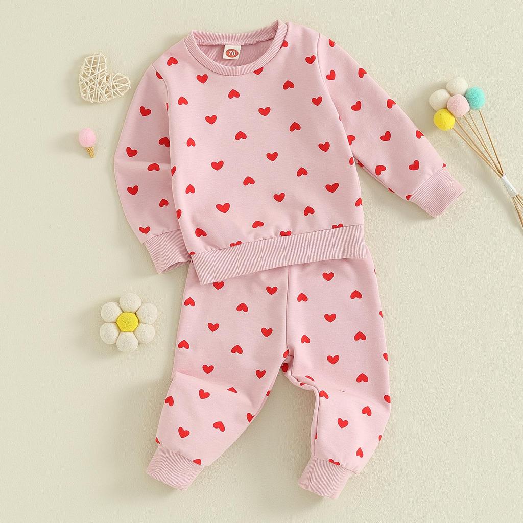 Baby Girls 2-piece Outfit, Heart Print Long Sleeve Crew Neck Sweatshirt with Elastic Waist Sweatpants Fall Clothes