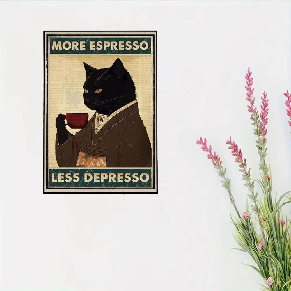 Retro Metal Tin Sign More Espresso Less Depresso Coffee Drinking Poster Special Gift for Lover Funny Black Cat Wall Art Decor