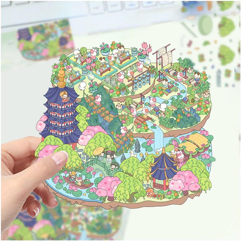 6pc Cartoon landscape stickers, multiple miniature worlds,3D cabins, Xiaohongshu decompression, DIY scene, hand account stickers