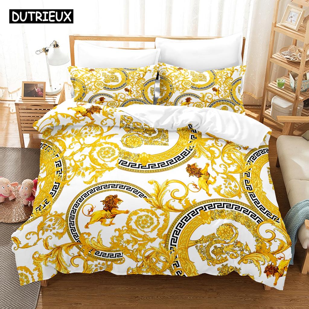 Set de lenjerie de pat cu model decorativ auriu imprimat 3D, husă de plapumă din puf cu față de pernă, dublu, single, king