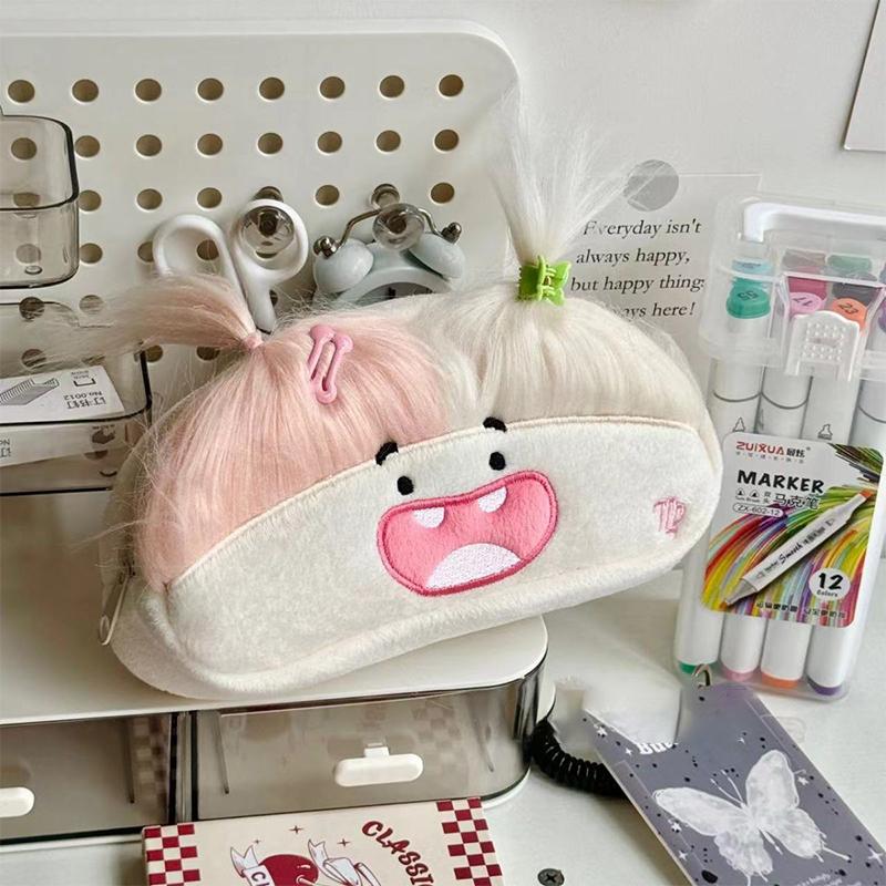 Diy Fluffy Hair Big Capacity Plush Pencil Bag Creative Cartoon Big Mouth Girl Pens Storage Case Portable School Stationery Gift