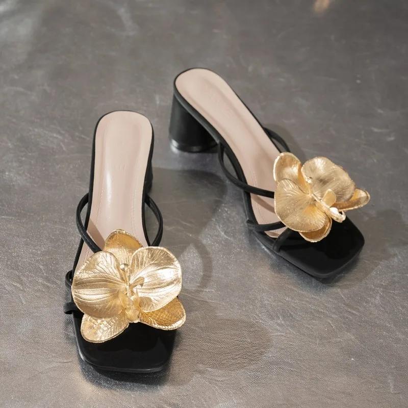 

Flower Slippers Women Summer Square Toe Open Toe Cross Slim Strap Non-slip Sexy Light Luxury High Heels 42