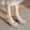 213-1 Flat Shoes Women's 2025 New Pointed Crystal Bridal Wedding Shoes Rhinestone Bow Thick Heel Bridesmaid Shoes