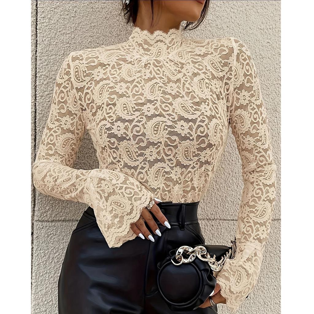 Women's Solid Color Lace Slim Fit Outerwear  Flared Sleeve Top Casual Long Sleeved Top