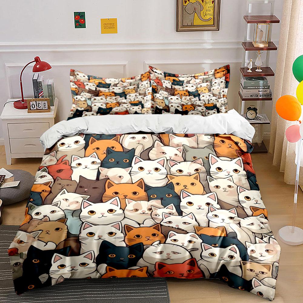 Adorable Colorful Cat Pattern Bedding Duvet Cover Set (1*Duvet Cover 2*Pillowcases, Without Duvet Insert)