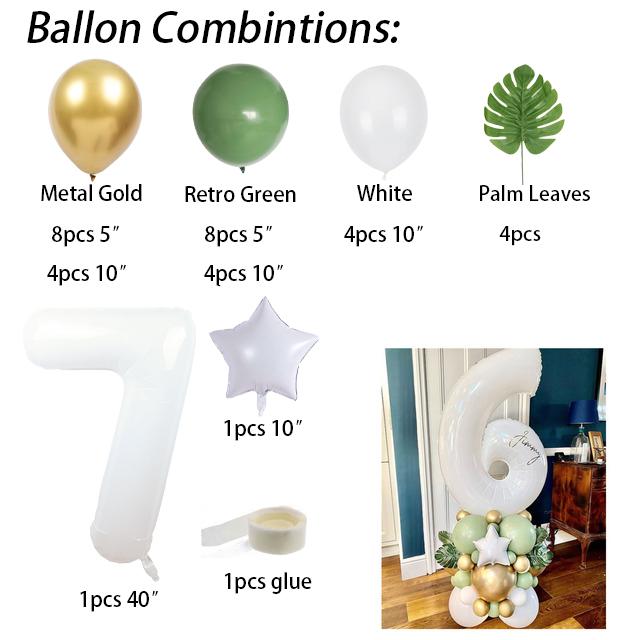 34pcs 40inch White Number Palm Leaves Retro Green Balloons Kit Kids 1 2 3th Birthday Balloons Set Baby Shower Decoration