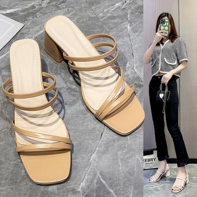 $4.80  74%OFF | Women Sandals Ladies Square Heels Elegant Summer Slippers Outside Cross Tied Leather Female Slides  Fashion