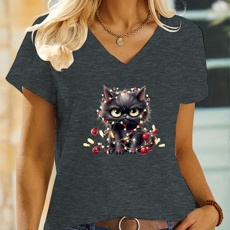 Black Christmas Angry Cat Design T Shirts Womens Short Sleeve Shirt Funny Cute Kitten V Neck Tshirt Women Fashion Animal Tshirt