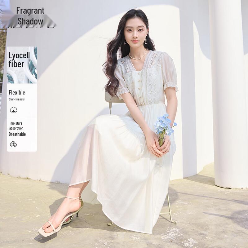 Xiangying Women s Off-white V-Neck Embroidered Hollow A-line Dress S