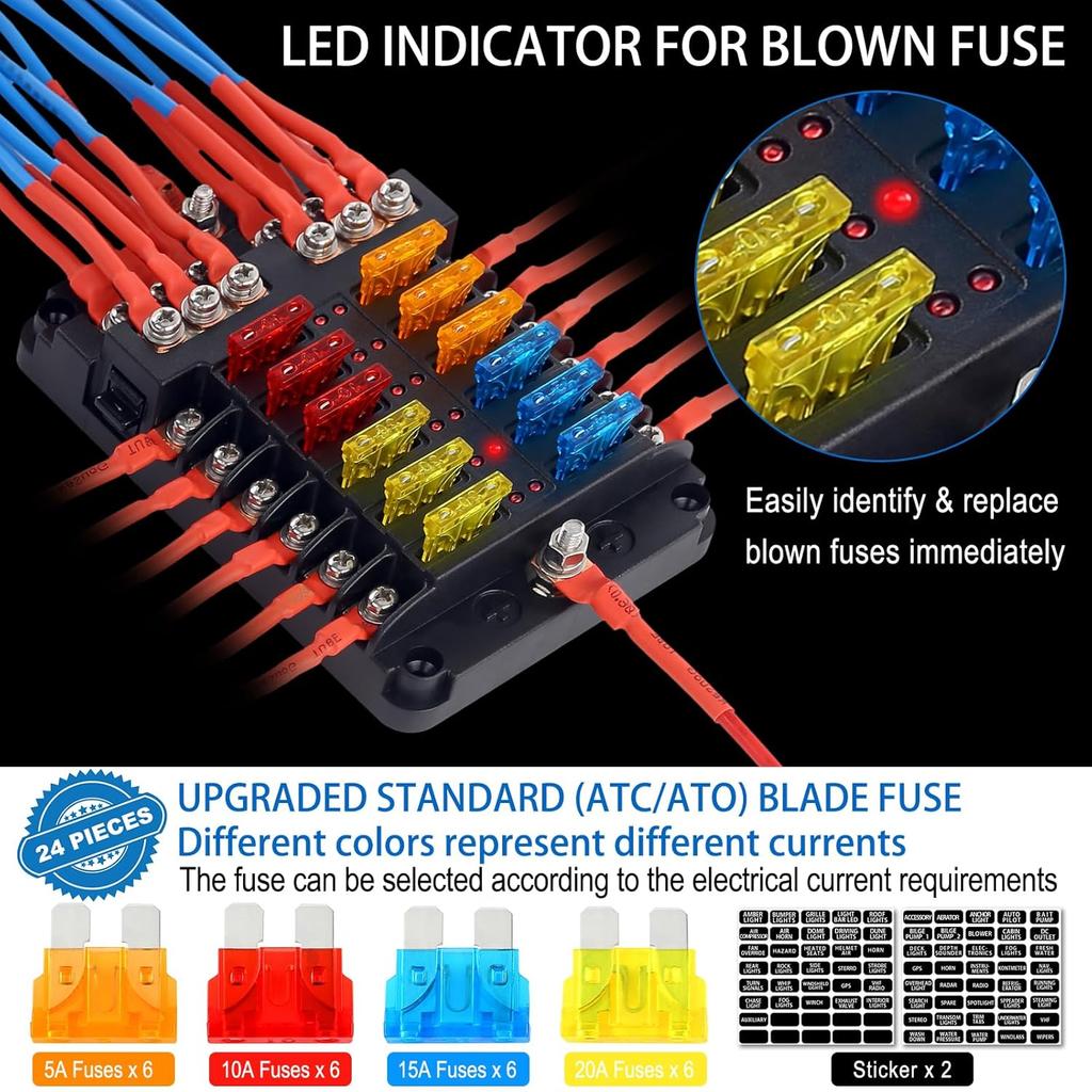 Fuse Block, 12v Fuse Box Holder with Led Indicator Waterproof Cover, Cyrico 12 Circuits Panel with Negative Bus for 12V/24V Automotive Car Truck Boat