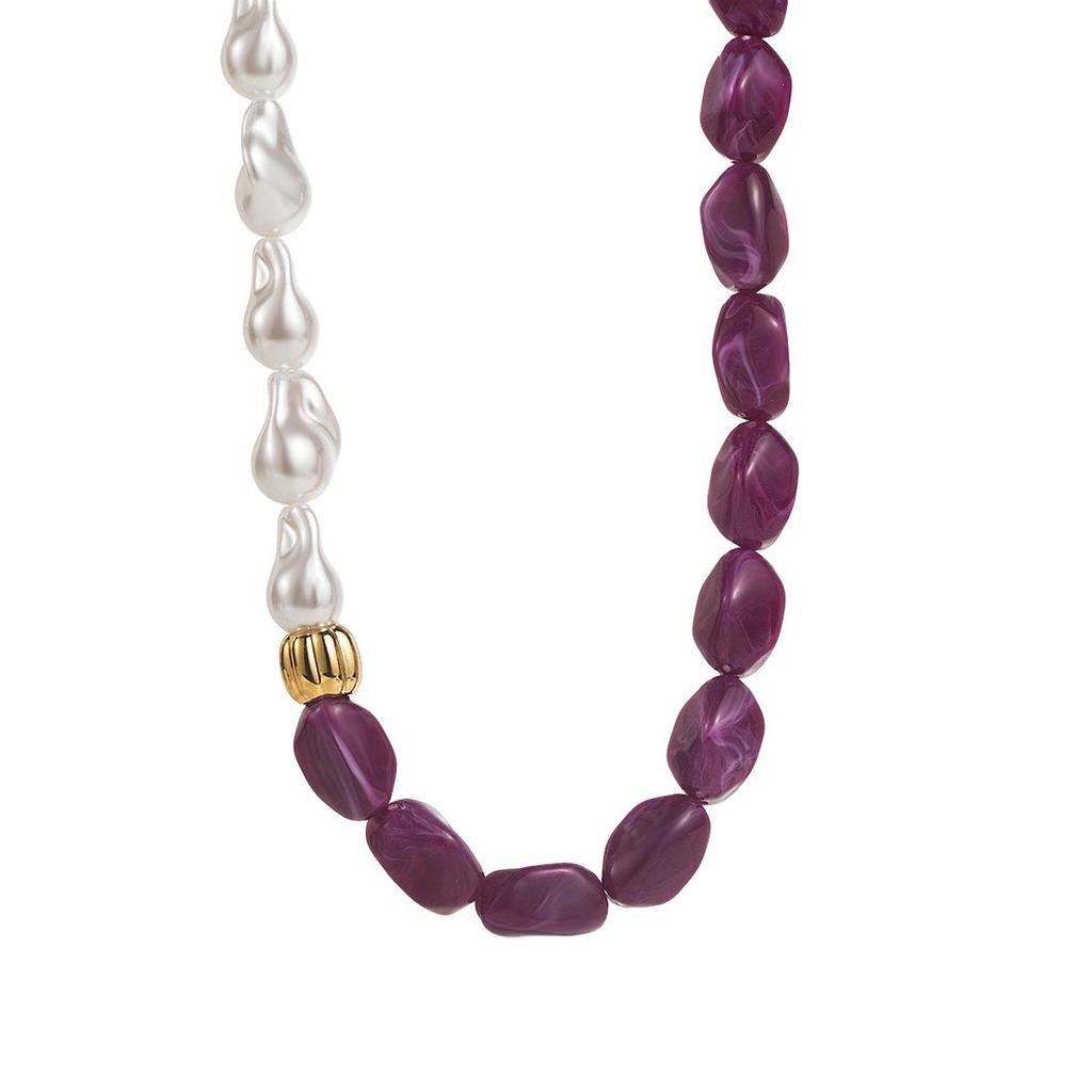 Retro Color Block Beaded Geometric Necklace with Pearl Resin Clavicle Chain
