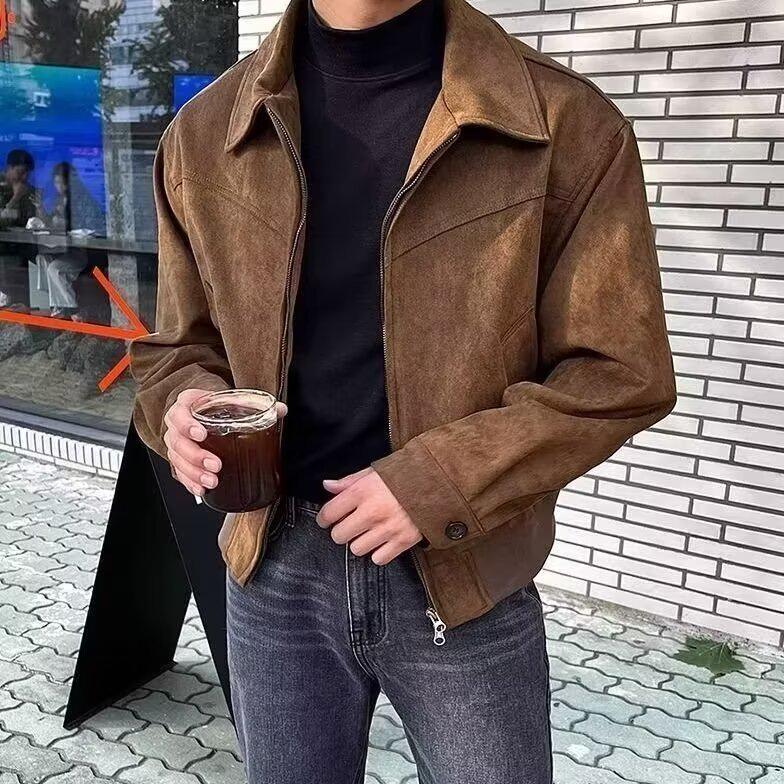 Korean Men's Suede Lapel Zipper Jacket - Autumn/Winter Hong Kong Style Trend