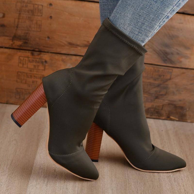 Womens Winter Stretch High Heel Ankle Boots Pointed Toe Chunky Slip-On Mid-Calf Boot Plus Size