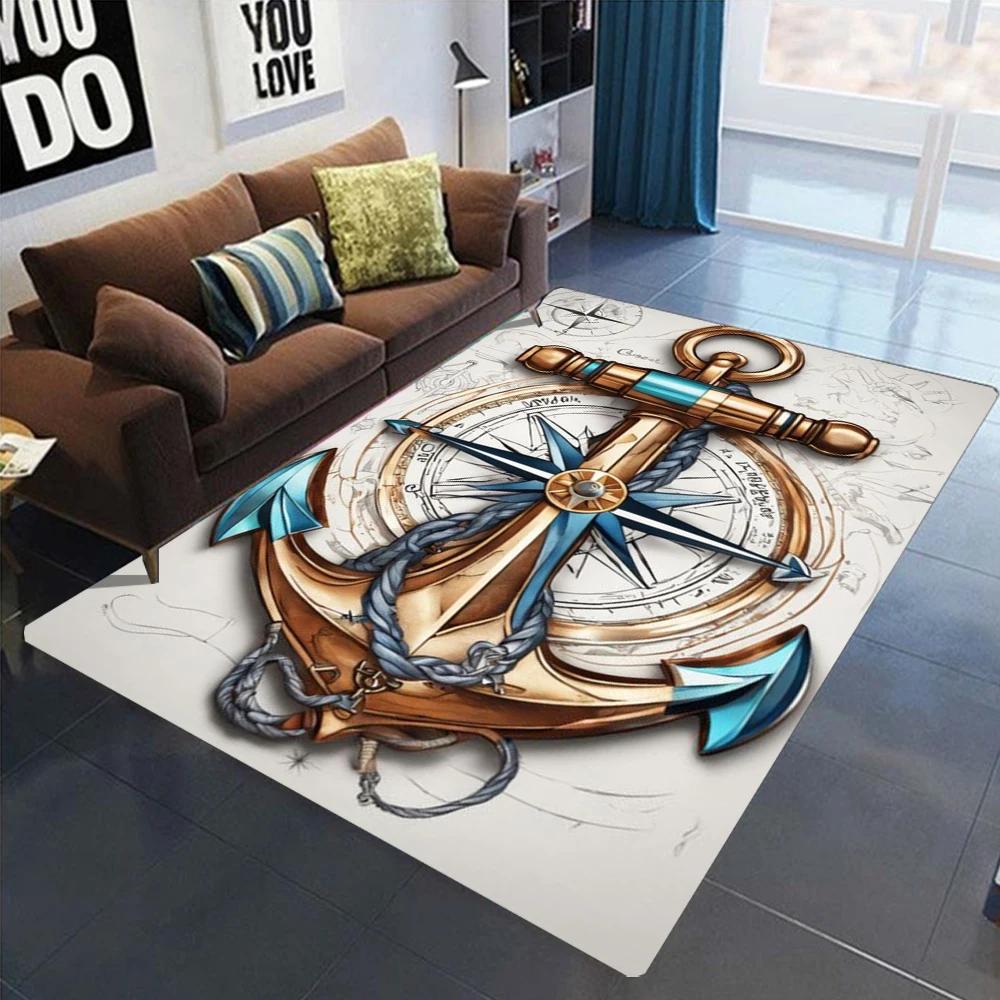 Nautical Theme Floor Mat, Various Marine Patterns Like Anchor Ship Wheel and Lighthouse Home Decor Non Slip Carpet