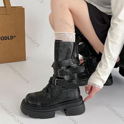 Feiern Sie Dicke Sohle Erhöhende Kurze Stiefel Damen 2025 Neu Herbst Wildleder Gürtelschnalle Punk-Stil Einfarbig Mittelhoch Bota Femininas