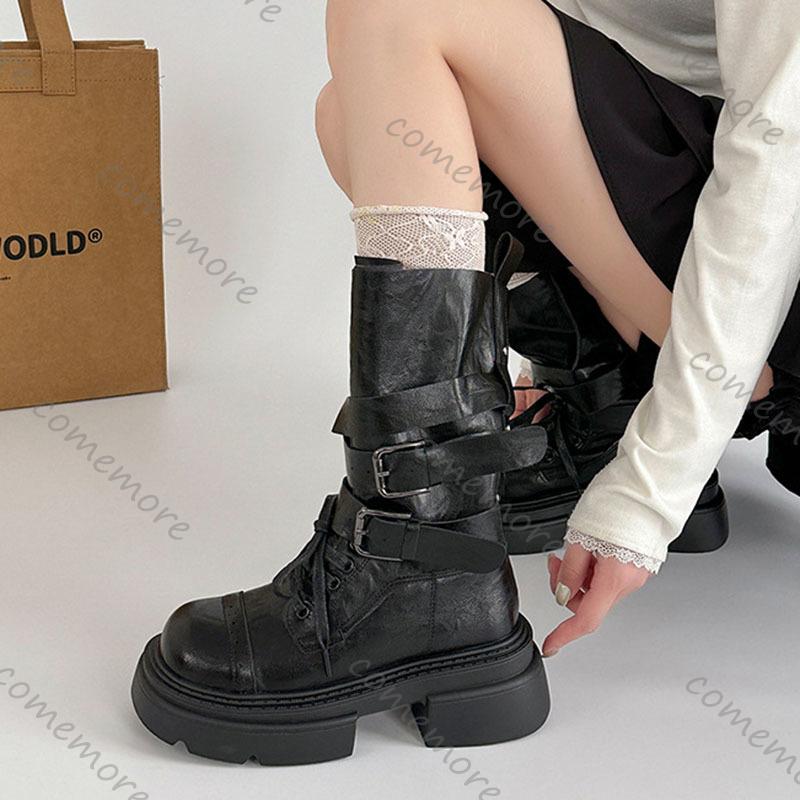 Fashion Comemore Thick Bottom Heightening Short Boots Women's 2025 New Autumn Suede Belt Buckle Punk Style Solid Mid-calf Bota Femininas