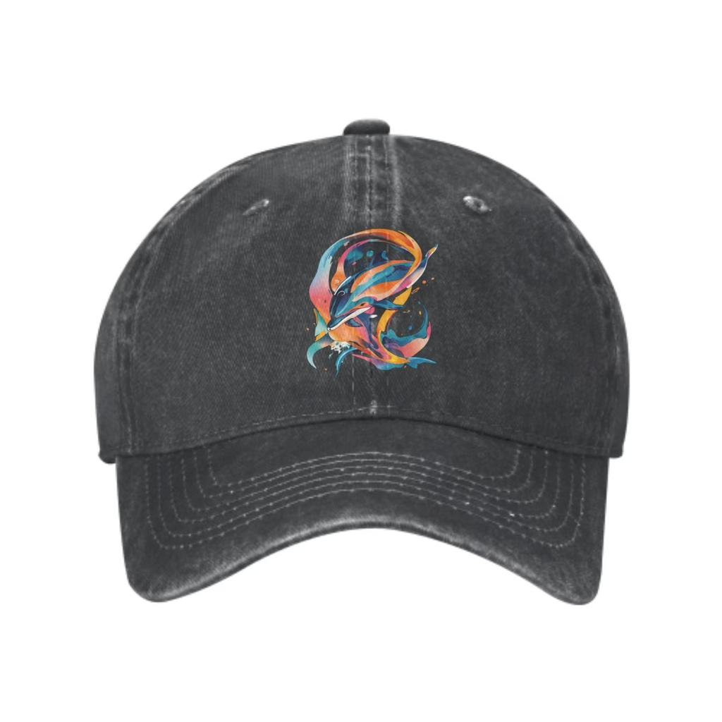 Artistic Dolphin Baseball Cap Washed Cotton Adjustable Casual Outdoor Trucker Hat