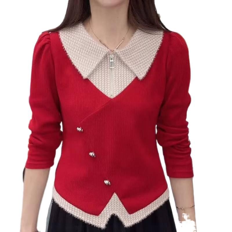 Spring 2026 Plus Size Women's Red Lapel Long Sleeve Slimming Top - Fashionable & Versatile Style