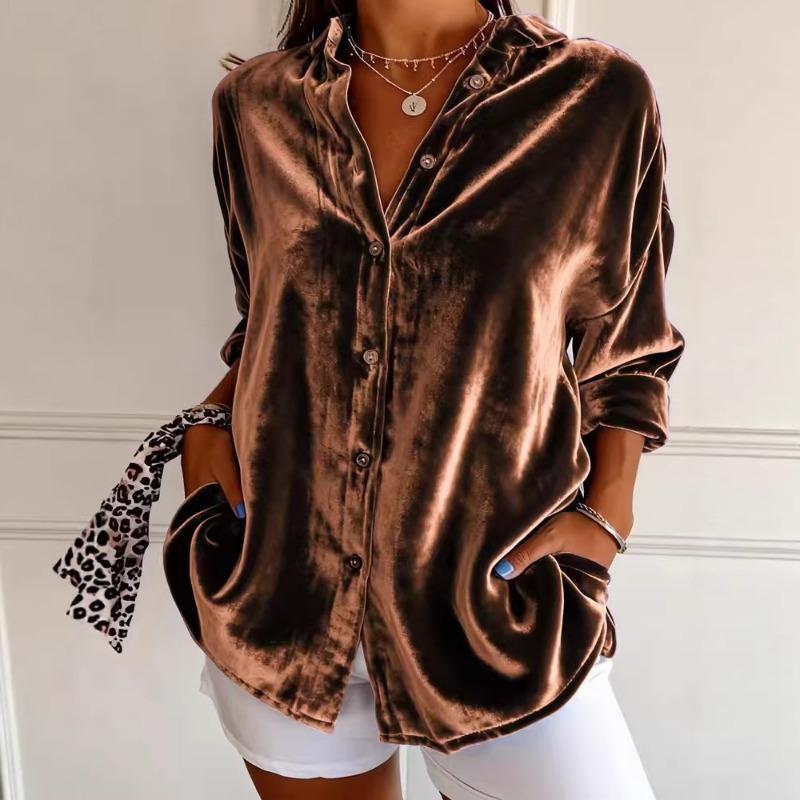 Spring Women's Teal Velvet Lapel Button Down Long Sleeve Casual Shirt