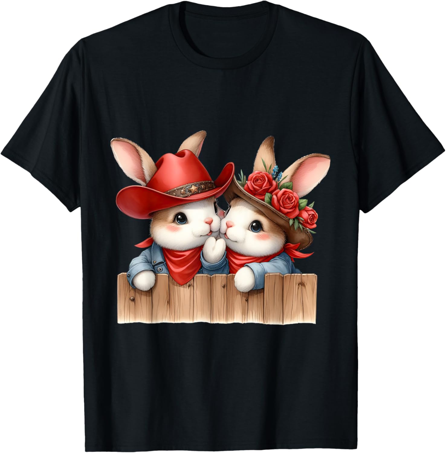 

Cute Cowboy Bunny Couple Peeking Over Fence Graphic T-Shirt Men Casual Daily Tee 4XL