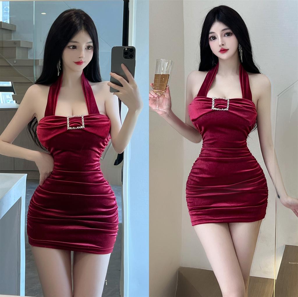 One-word shoulder versatile red velvet slim-fit hip skirt dress nightclub sexy tube top neck dress women