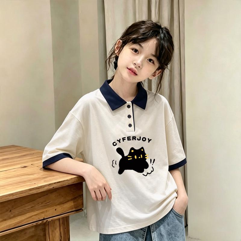 Girls' Cotton Color Block Short Sleeve Polo Shirt, Summer 2026 New Style, Medium/Large Kids' Loose Lapel T-shirt, Trendy.
