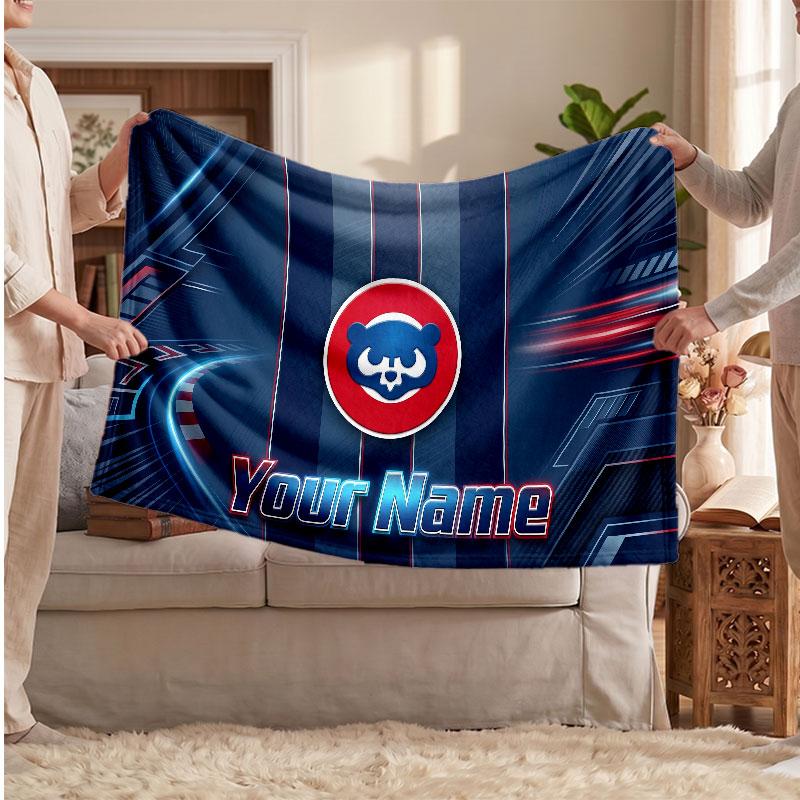 Chicago Cubs Flannel Blanket, Custom Name Text Personalized Soft Throw Blanket Home Decor Gift