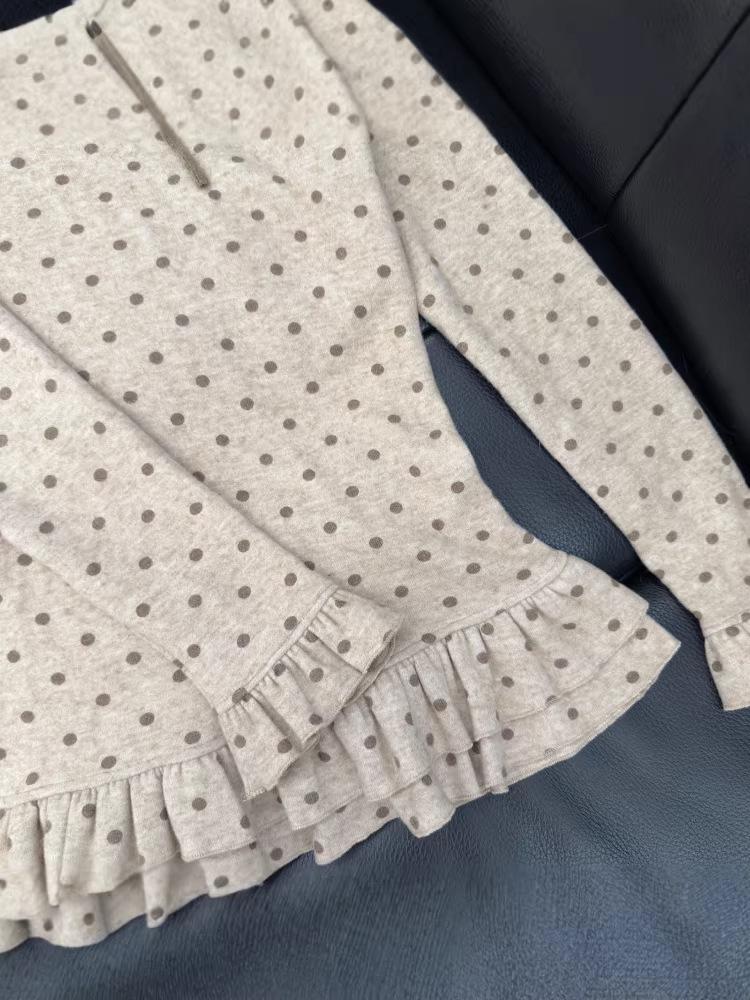 Women's Slimming Polka Dot Ruffle Long Sleeve Top with Bowknot - Autumn/Winter Layer