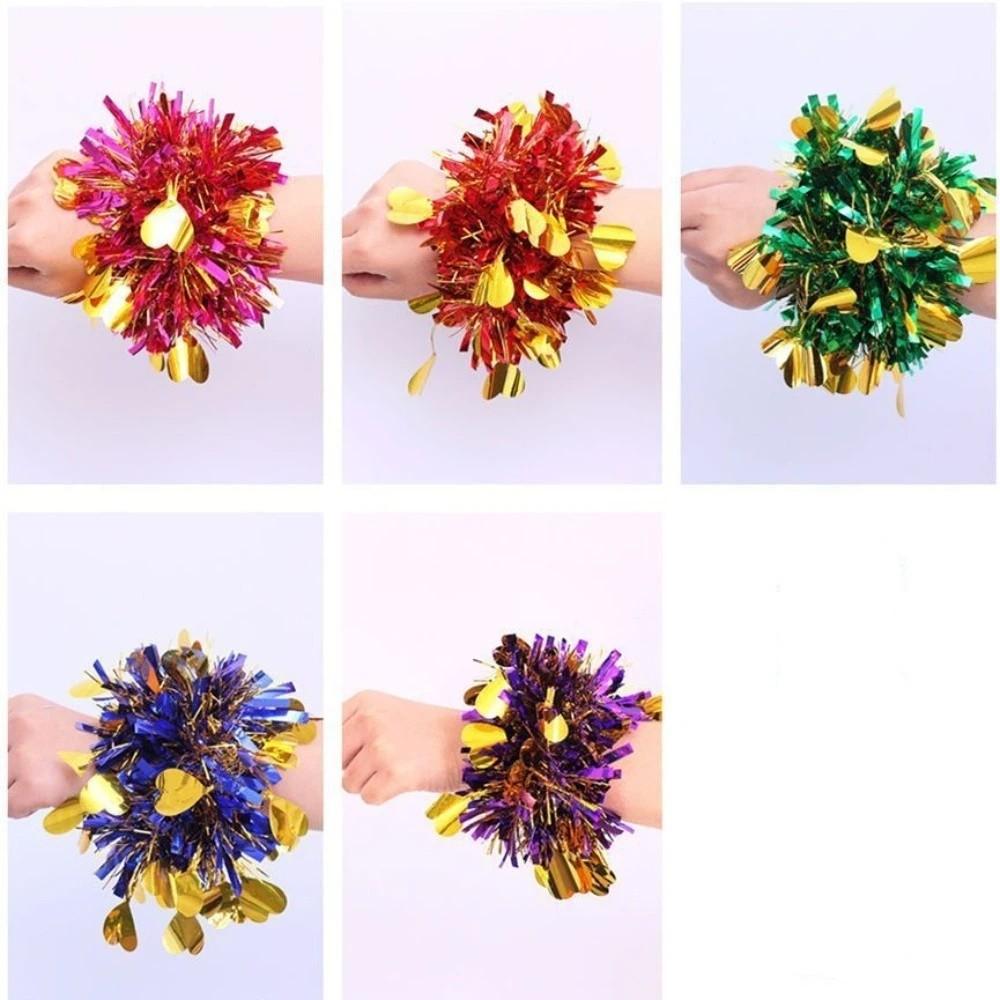 10pcs Glitter Metallic Foil Wrist Bands Elastic Cheerleading Wrist Pom Poms  School Games 10pcs/random color