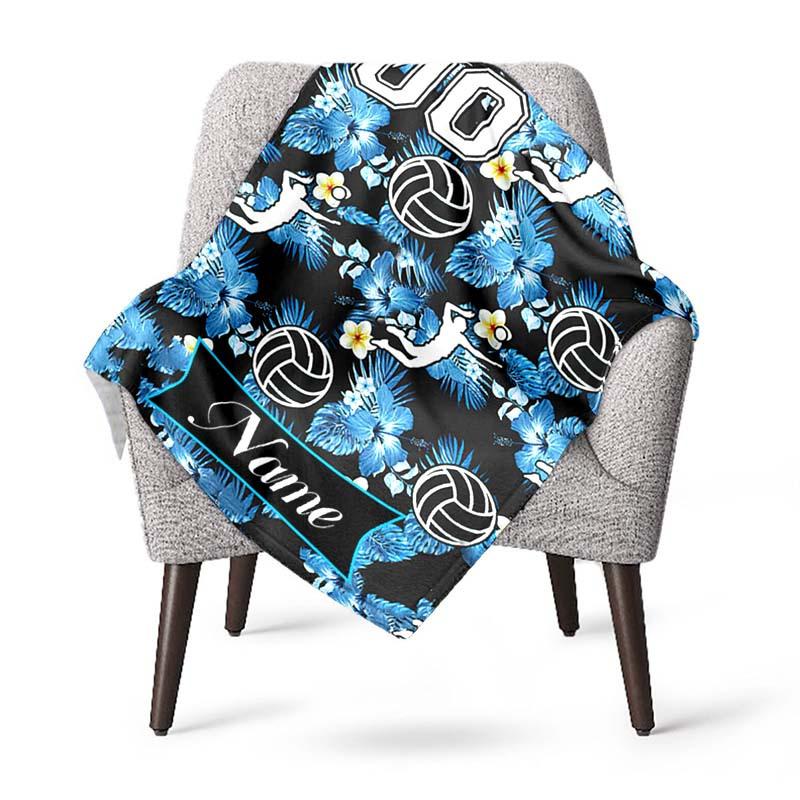 Blue Flower Volleyball Customize Your Name Blanket Used For Chair Office Sofa Bed Camping Soft And Warm Giving Friends And Relatives Birthday