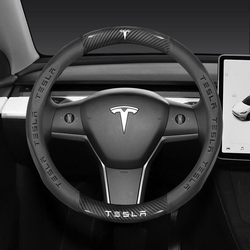 Car Carbon Fiber Leather Anti-Slip Steering Wheel Cover For Tesla Cybertruck Beast Roadster Model 3 Model Y Model S Model X