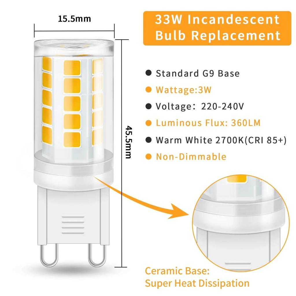 G9 LED Bulb 33W Halogen Equivalent Bulbs Lampada LED Lamp 220V 3W 6000K 2700K 360 Lumens G9 LED Light Bulbs for Home Chandelier