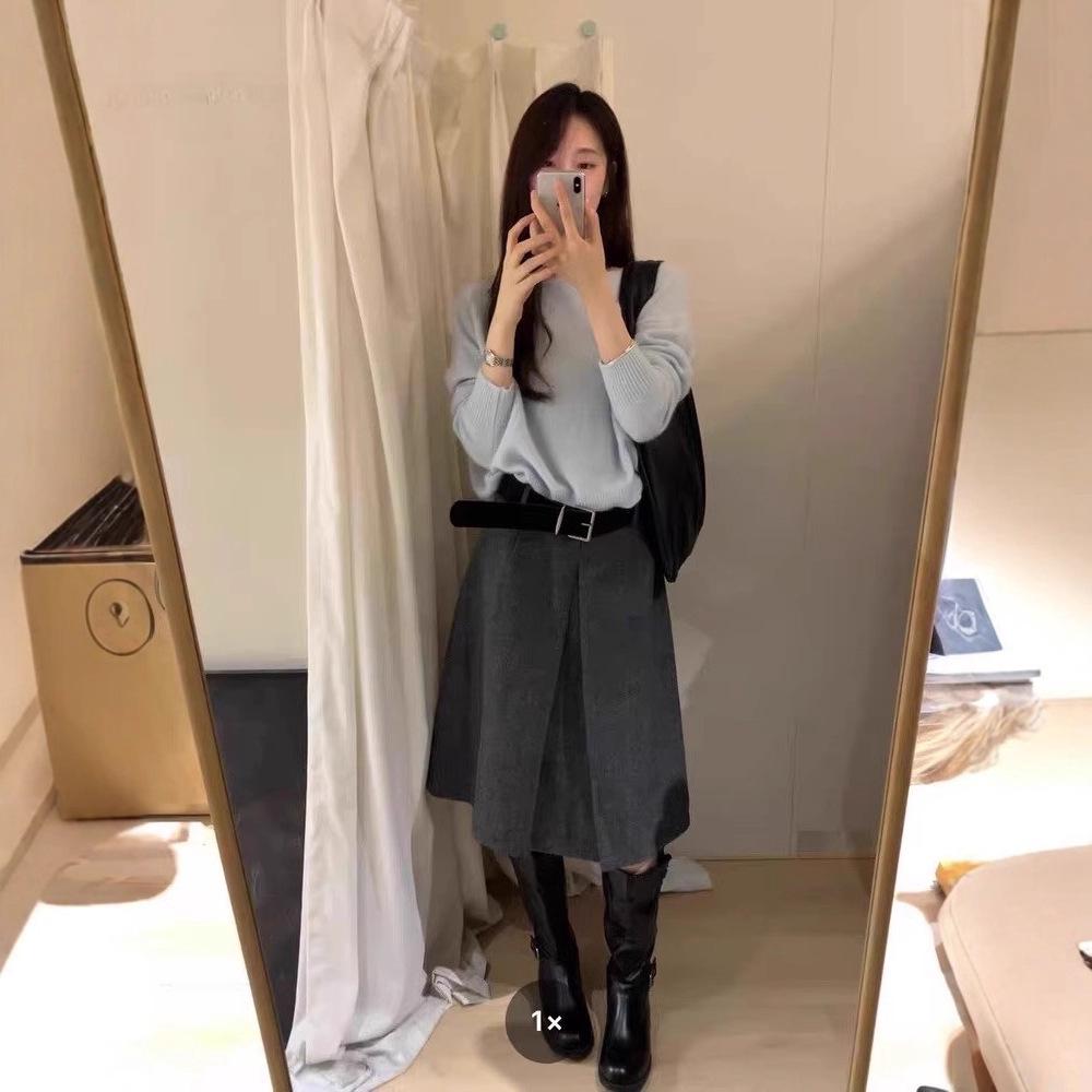 Grey Woolen Mid-Length Half Skirt for Women - High-End 2025 Autumn/Winter Collection