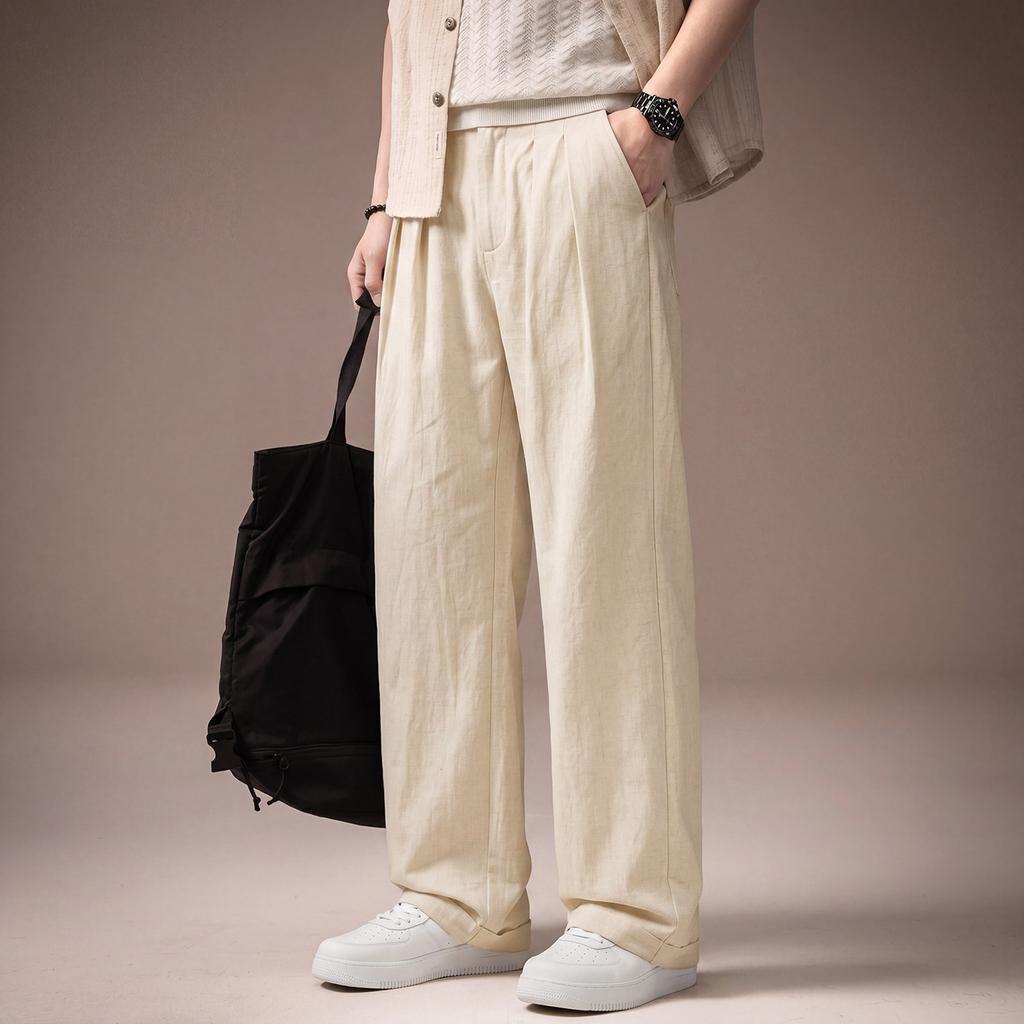 High-end American Old Money Style Linen Drape Pleated Trousers Men's Summer Thin Loose Casual Straight Casual Trousers