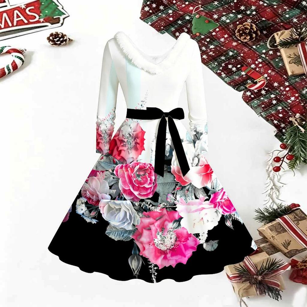 Women Floral Print Midi Dress, Long Sleeve V‑Neck Furry Trim A‑Line Party Dress, Christmas Limited Edition