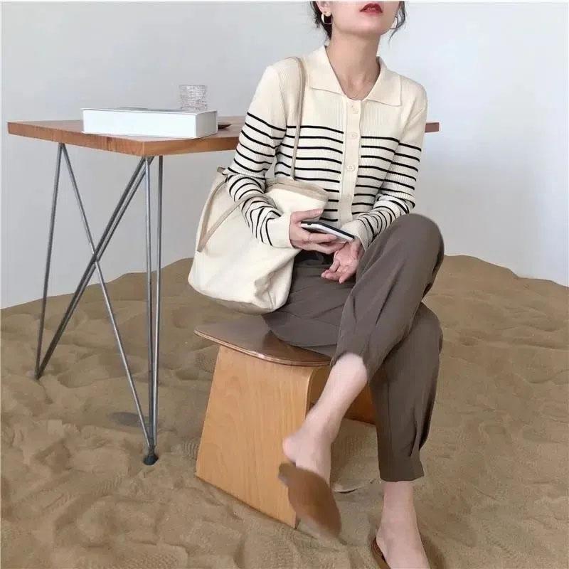 Polo Neck Striped Knitted Cardigan Women's Autumn and Winter Long Sleeve Knitted Warm Coat Sweater