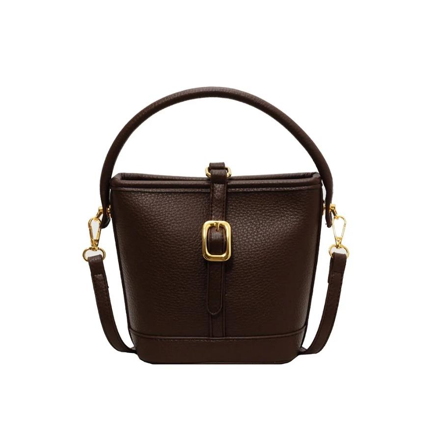 Soft Leather Small Handbags for Women Retro Solid Color Zipper Design Lady Bucket Bags Fashion Versatile Crossbody Bag