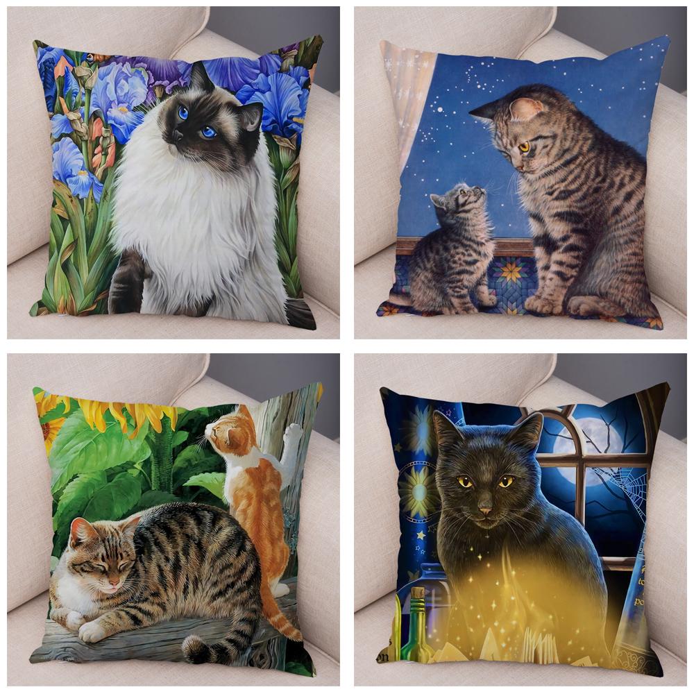 Pet Cartoon Animal Pillowcase Sofa Home Car Pillowcase Cute Watercolor Cat Cushion Cover Decoration
