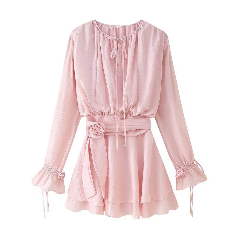 Kaslead New Women Clothes Western Style Fashion Sweet Casual Lace-up Flower Decoration Dress
