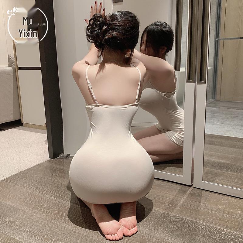 Sleek Lace Patchwork Nightgown with Chest Pads - Sexy Hip-Hugging Suspender Sleep Dress for Women