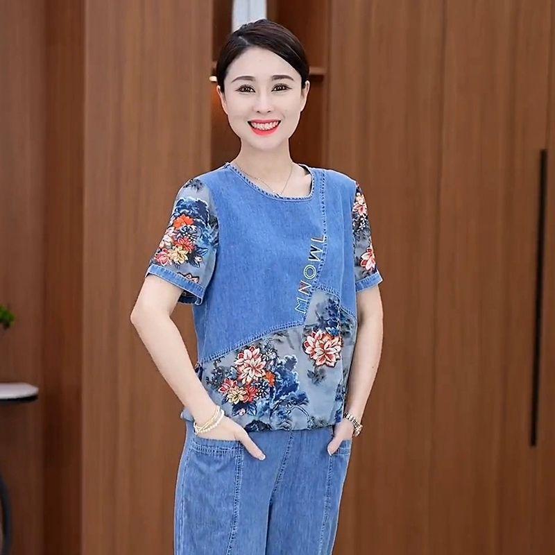 

Женский джинсовый костюм на весну и лето, размер плюс, круглый вырез, короткие рукава + эластичный пояс, укороченные брюки для похудения, комплект из двух предметов L