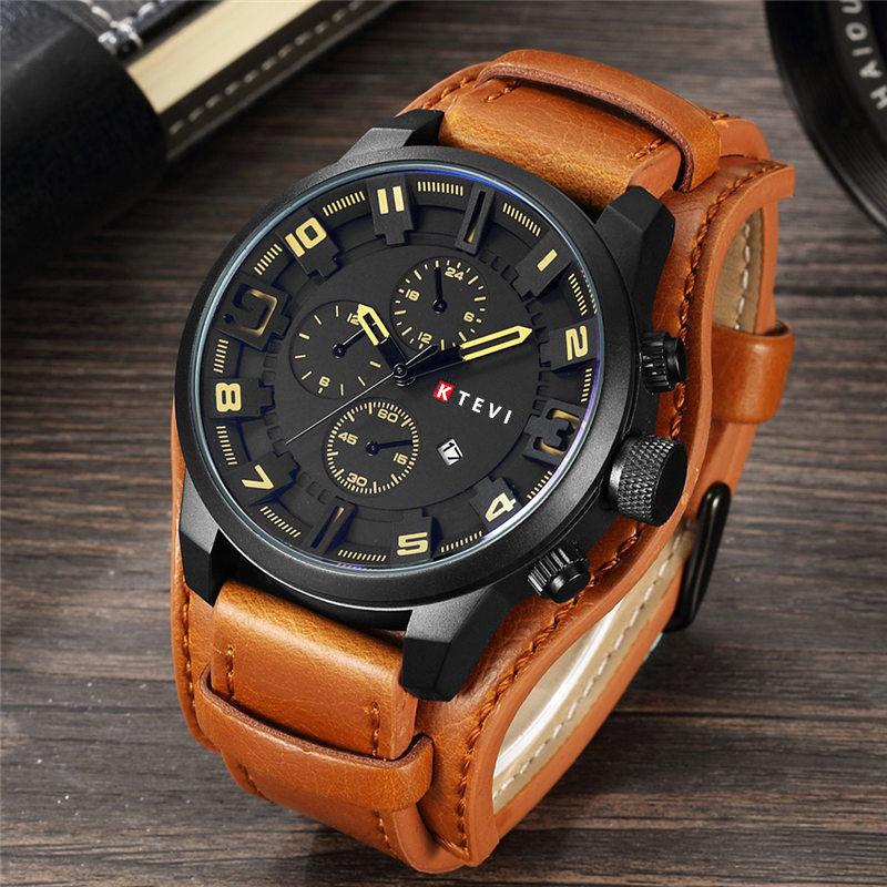 Vintage Men Watch Leather Strap Sports Quartz Men's Watches Fashion Big Dial Date Business Electronic Wrist watch Clock for Men