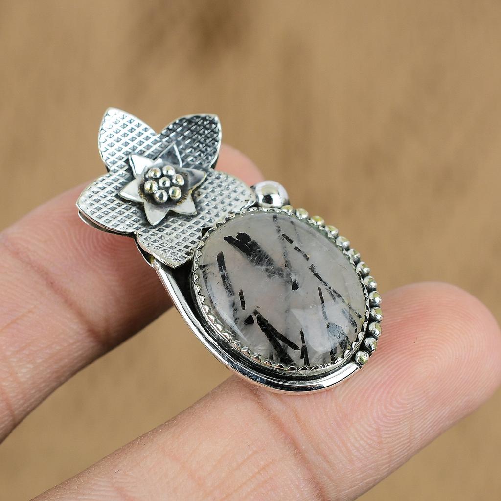 Gift For Her 925 Sterling Silver Natural Black Rutile Gemstone Pendant Flower