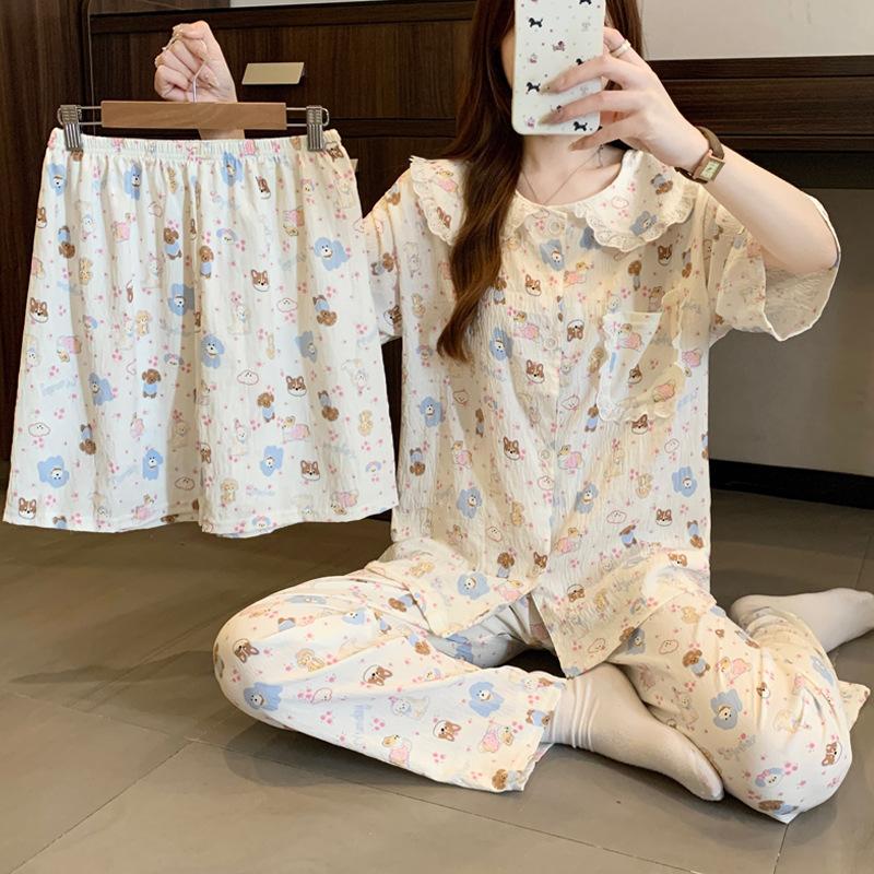 Cartoon Wind Doll Collar Lace Sweet Cloud Cotton Pajamas Women'S Summer Short-Sleeved Three-Piece Set