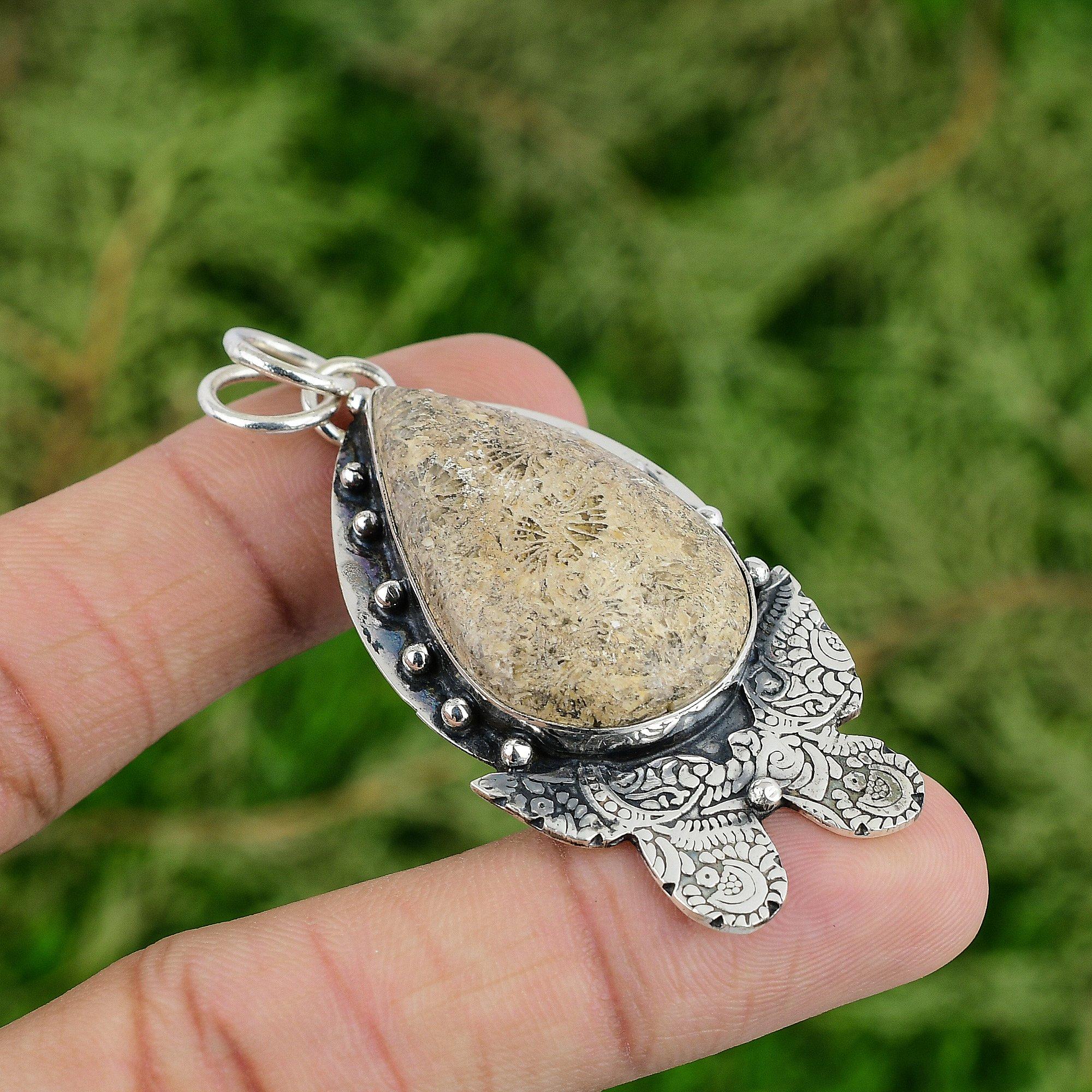 

Daughters Day Deal Sterling Silver Pear Fossil Coral Stone Boho Pendant Jewelry