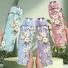 1PC Dried White Baby Breath Floral Print 750ml Color Plastic Sports Water Bottle Leakproof Flip Straw Lid Suitable for Sports Office Home Use