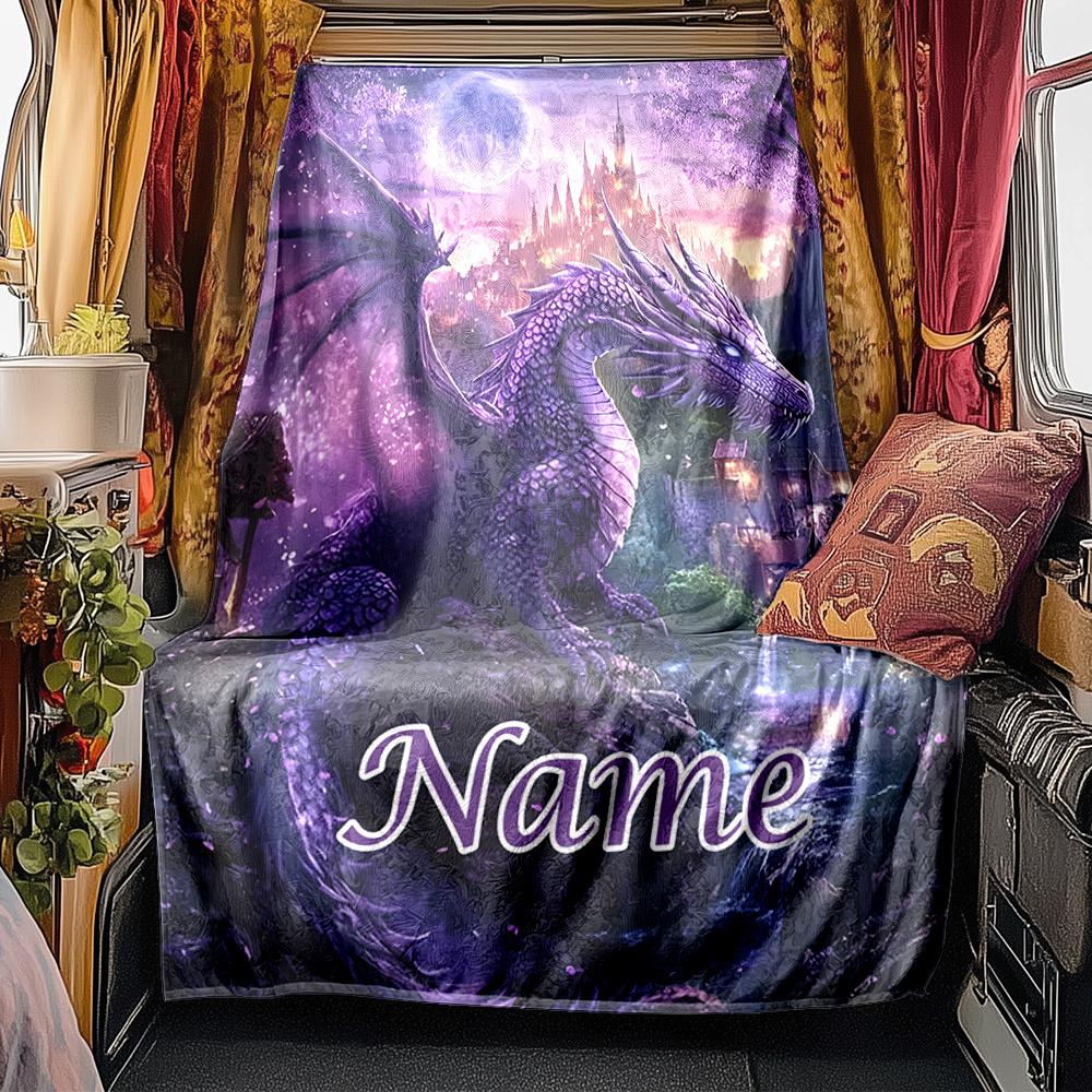 Mystical Dragon Overlooking Enchanted Castle Blanketcustomizable With Your Namecomfortable And Stylish Perfect For Travel Beds Chairs Offices Sofas