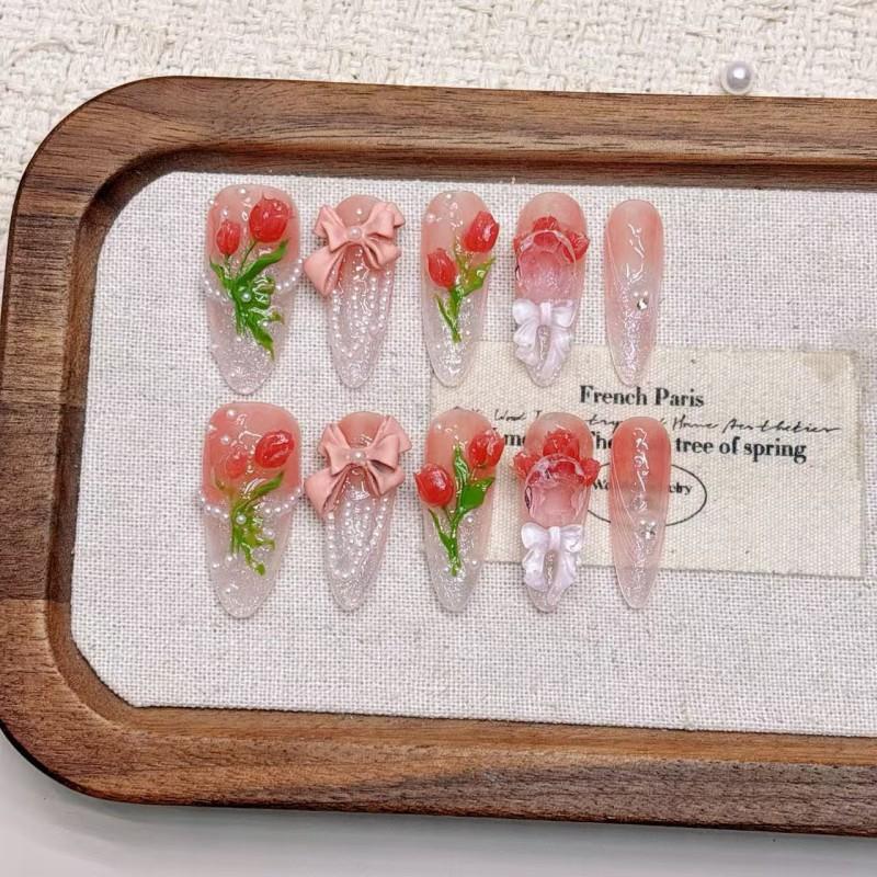 Handcrafted 3D Floral Press-On Nails With Gradient Pink Tulip Design Ice-Transparent Long Style Women